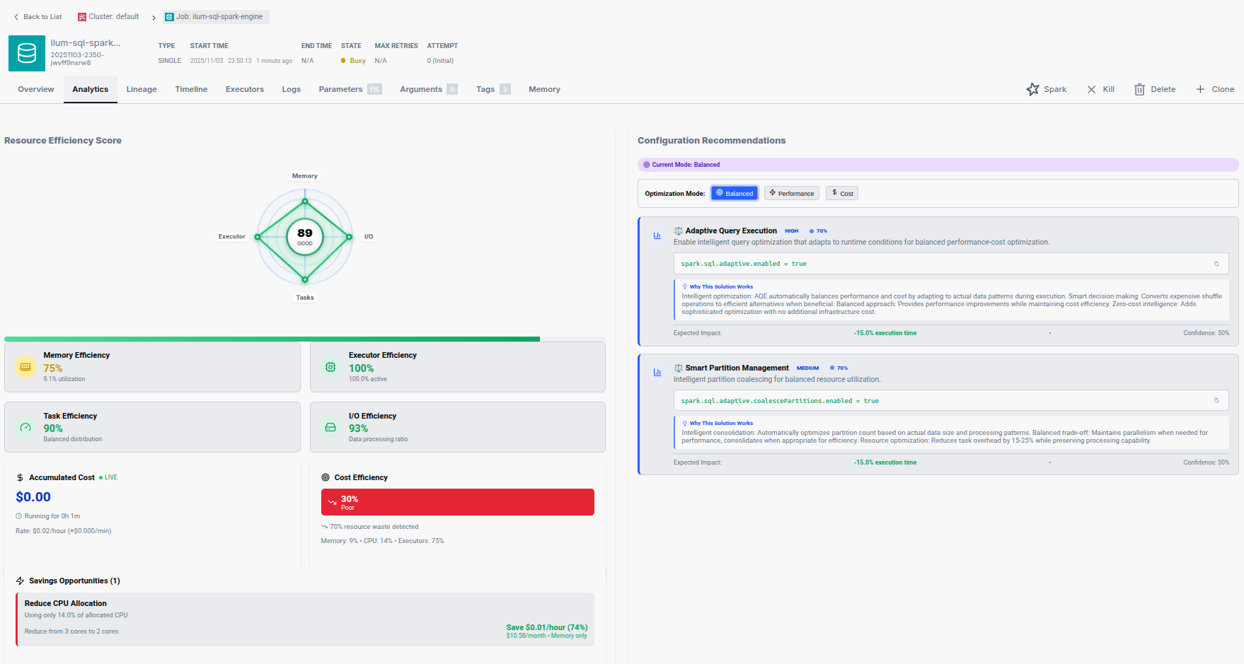 Ilum Spark job analytics Ilum dashboard with Spark job analytics, executor metrics, and runtime statistics